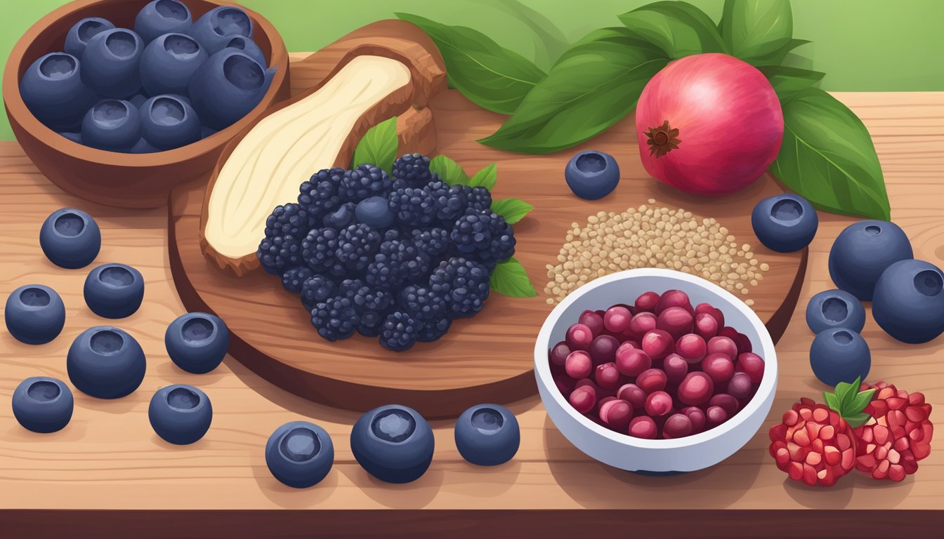 Acai powder surrounded by various substitute options such as blueberries, blackberries, and pomegranate seeds on a wooden cutting board