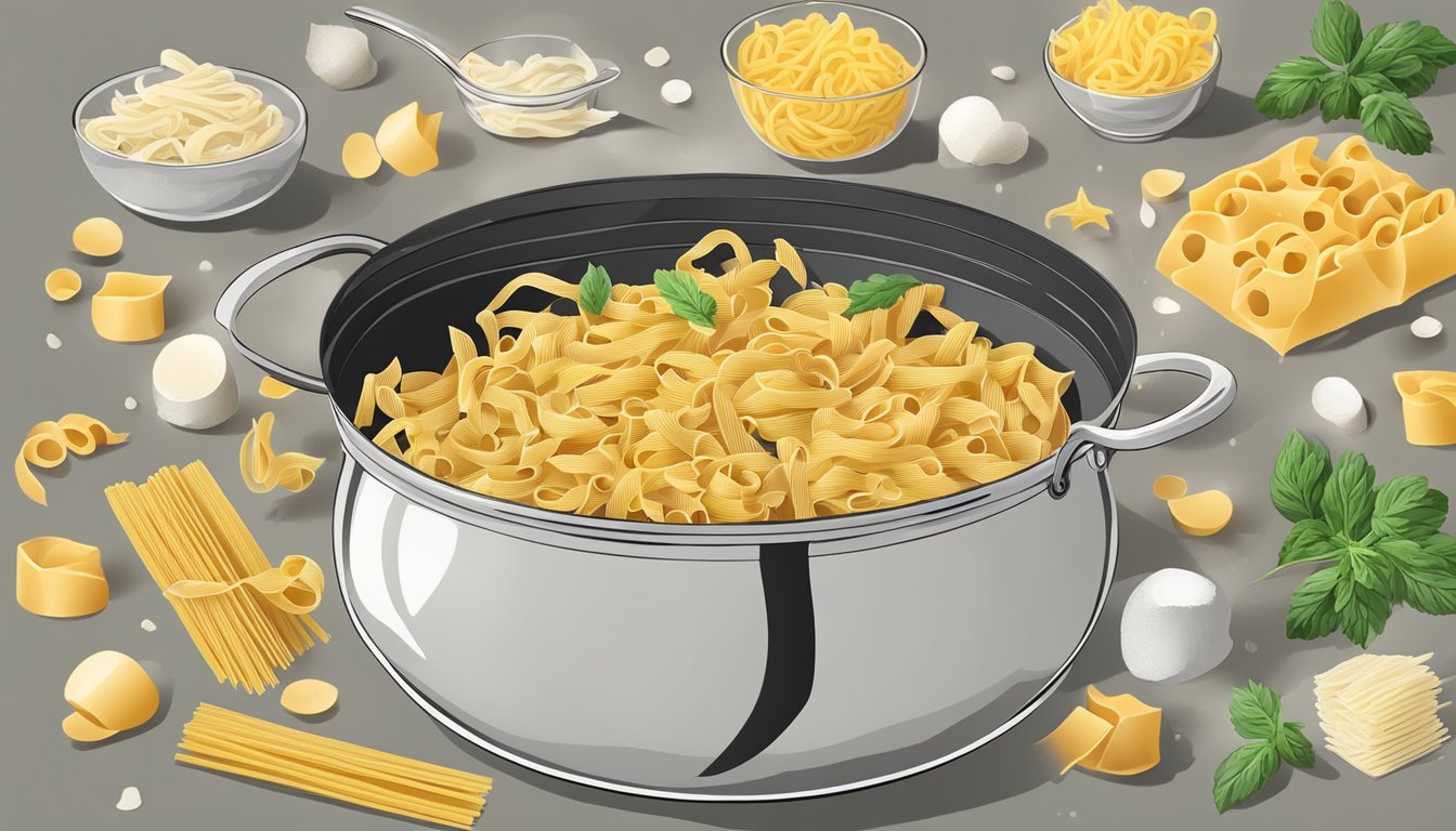 A pot of boiling water with various pasta shapes and ingredients scattered around