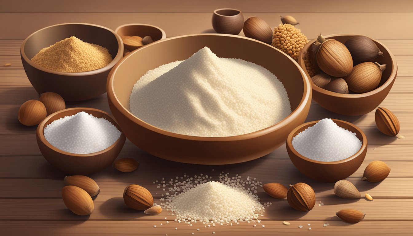 A variety of acorn flour substitutes displayed on a wooden table. Almond, coconut, and rice flour in separate bowls with acorns scattered around