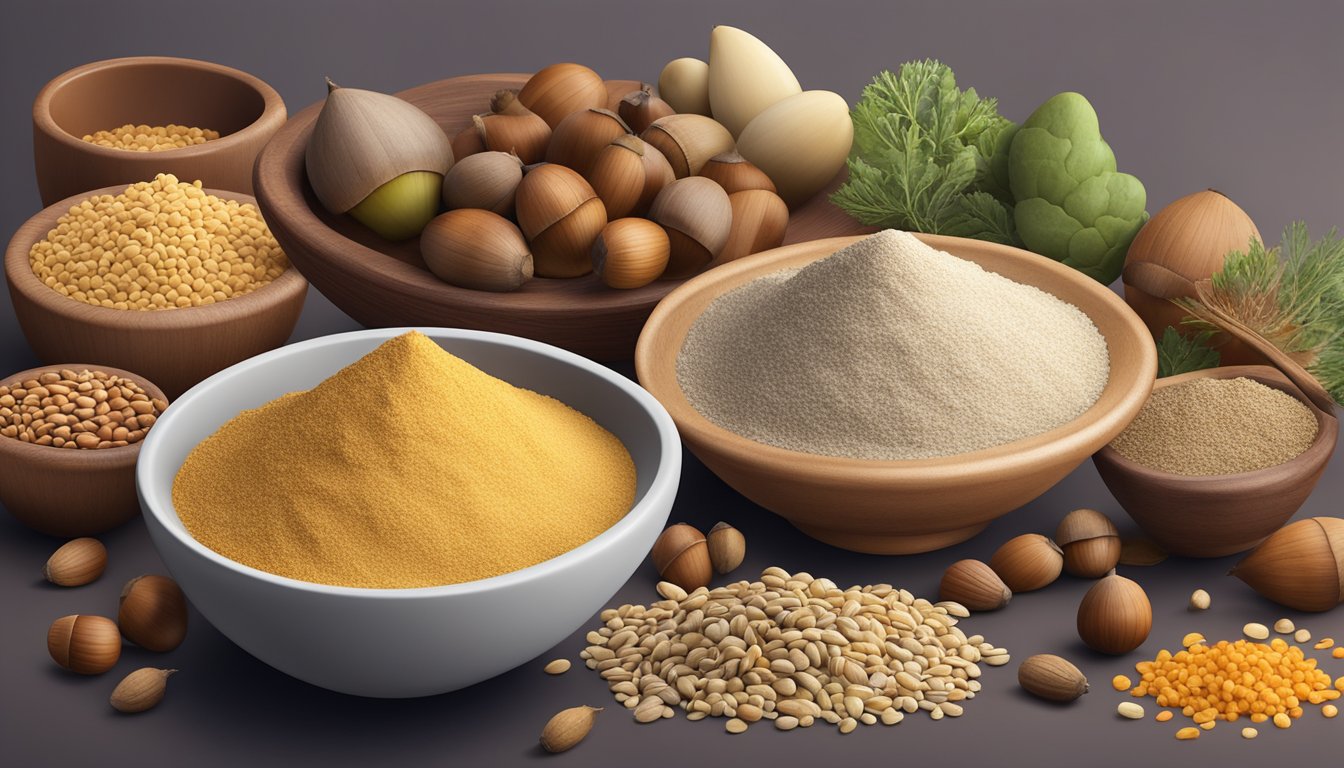 A pile of acorns and a bowl of acorn flour next to various nutrient-dense substitutes such as nuts, seeds, and vegetables