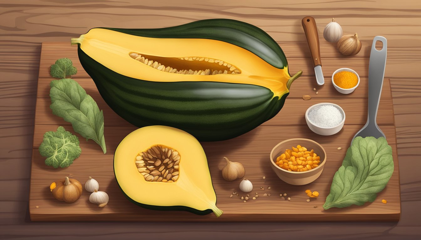 A whole acorn squash surrounded by various ingredients and kitchen utensils on a wooden cutting board