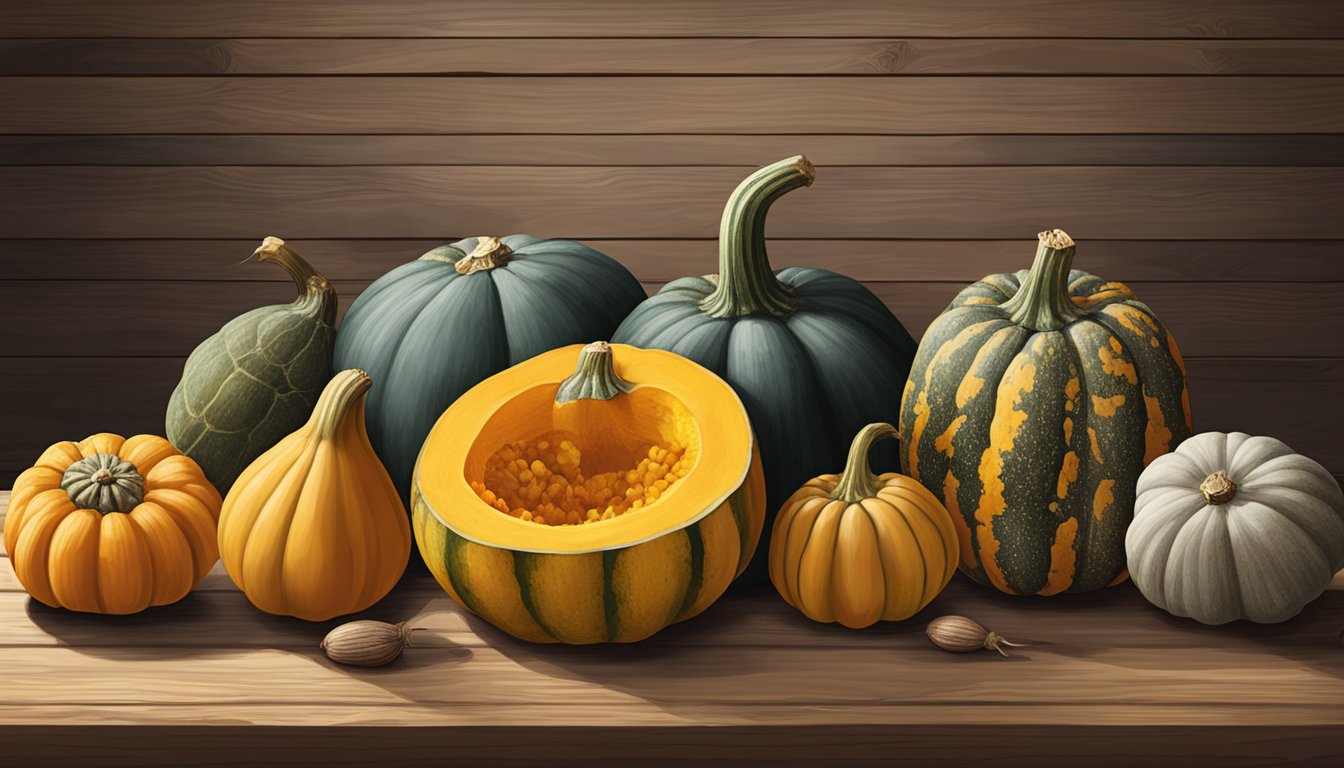 A variety of winter squash lined up on a rustic wooden table, including butternut, delicata, and kabocha, with a few acorn squash mixed in