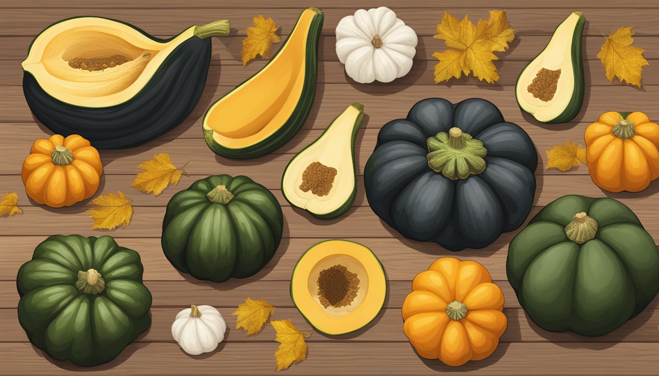 A variety of acorn squash and alternative options arranged on a wooden table