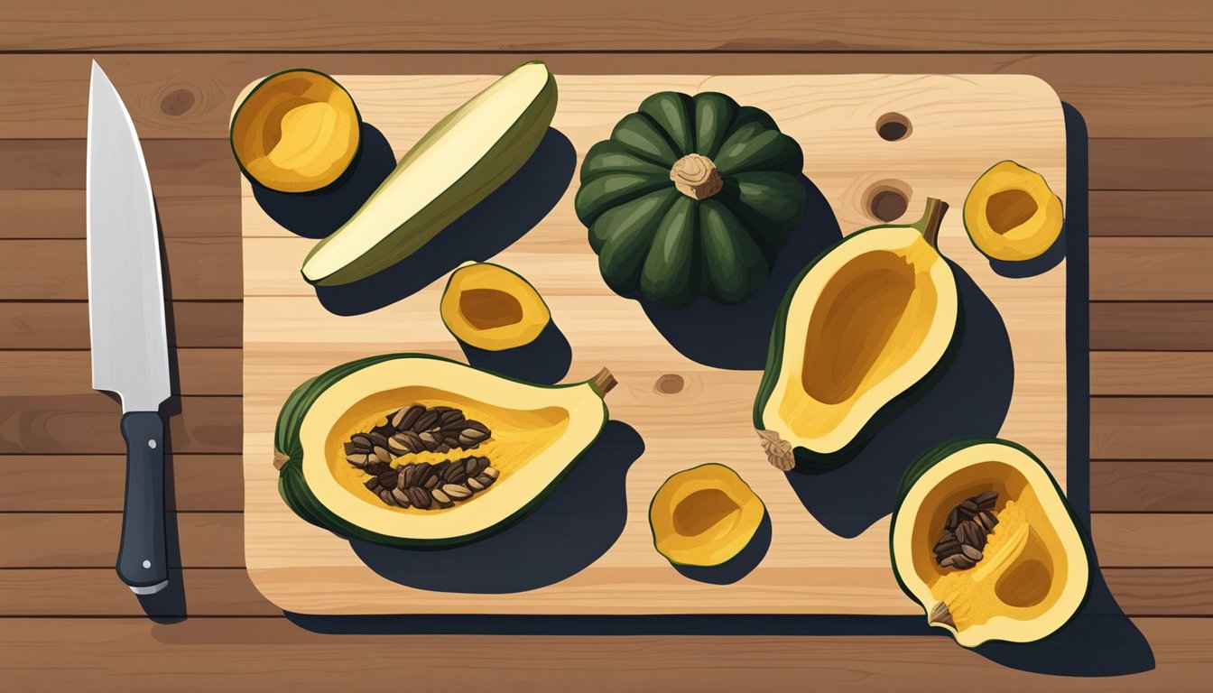 A variety of acorn squash alternatives displayed on a wooden table with a knife and cutting board