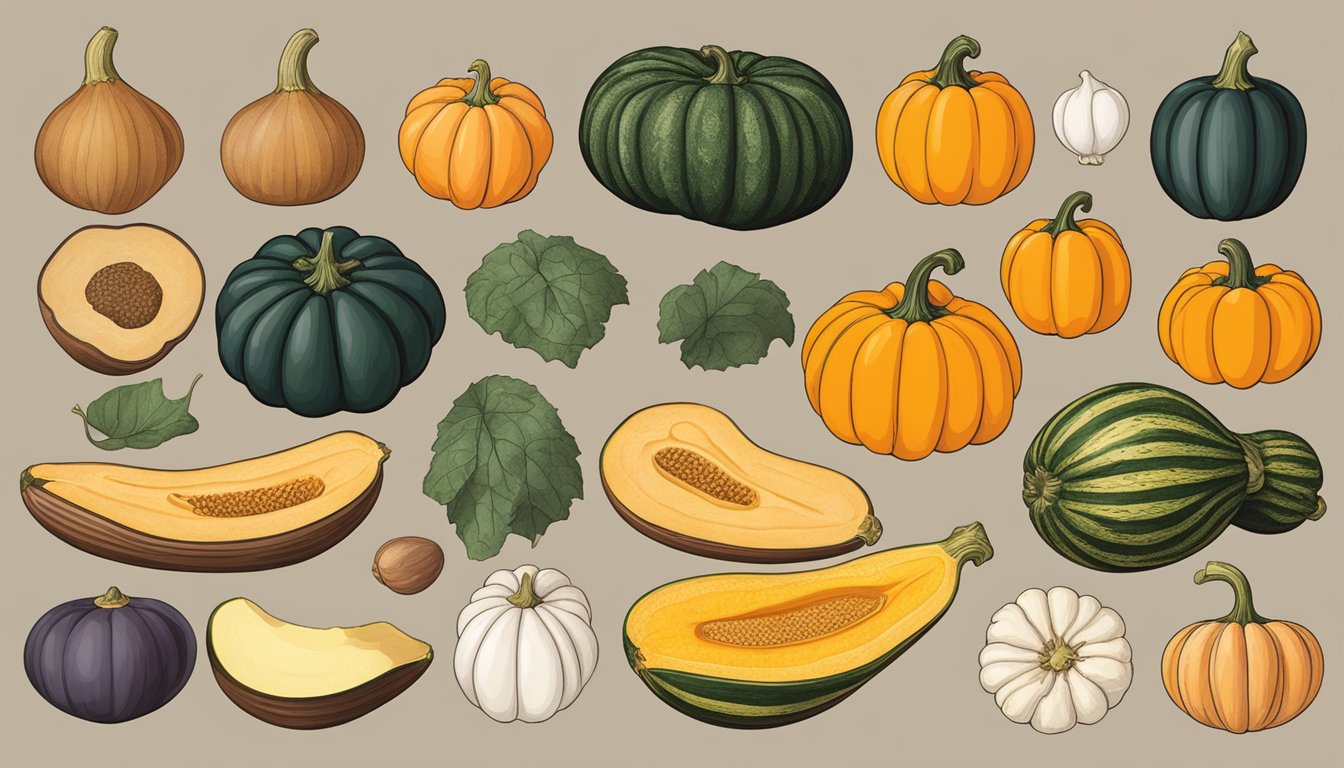 A whole acorn squash surrounded by various substitute options such as butternut squash, sweet potatoes, and pumpkin