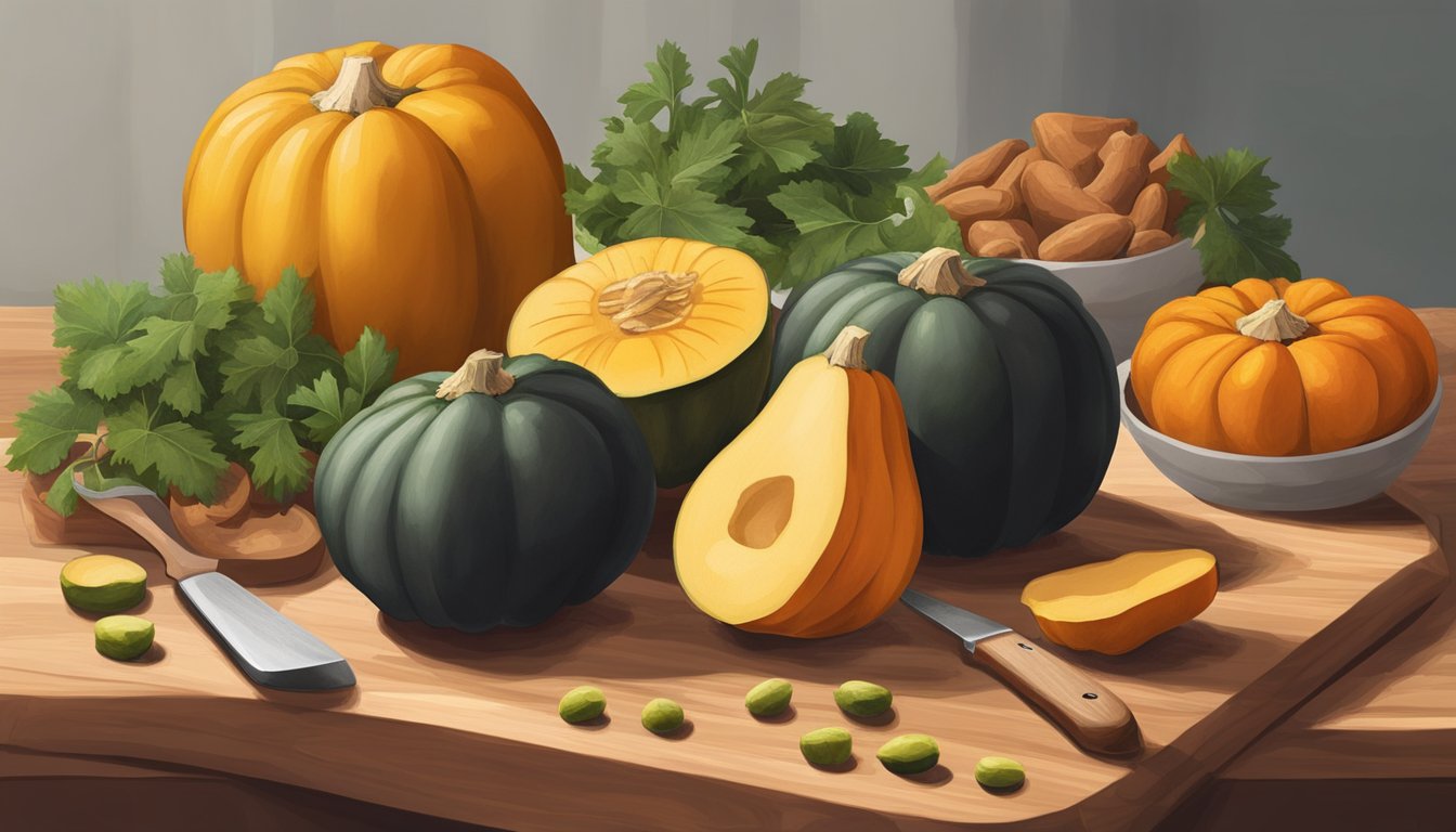 Fresh acorn squash next to alternative ingredients like sweet potatoes and butternut squash on a cutting board. A knife and measuring spoons are nearby