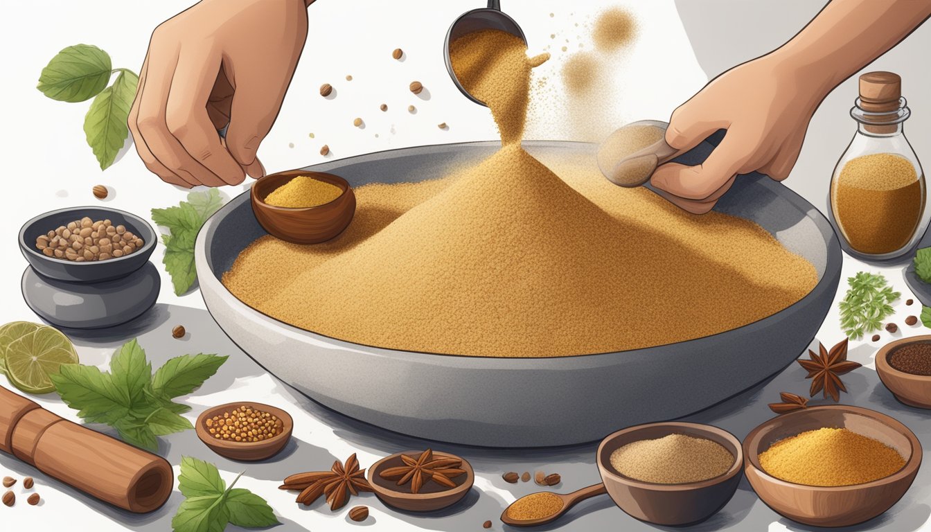 A hand pouring acorn flour into a bowl of ingredients, with various spices and flavorings nearby for adjusting flavor profiles