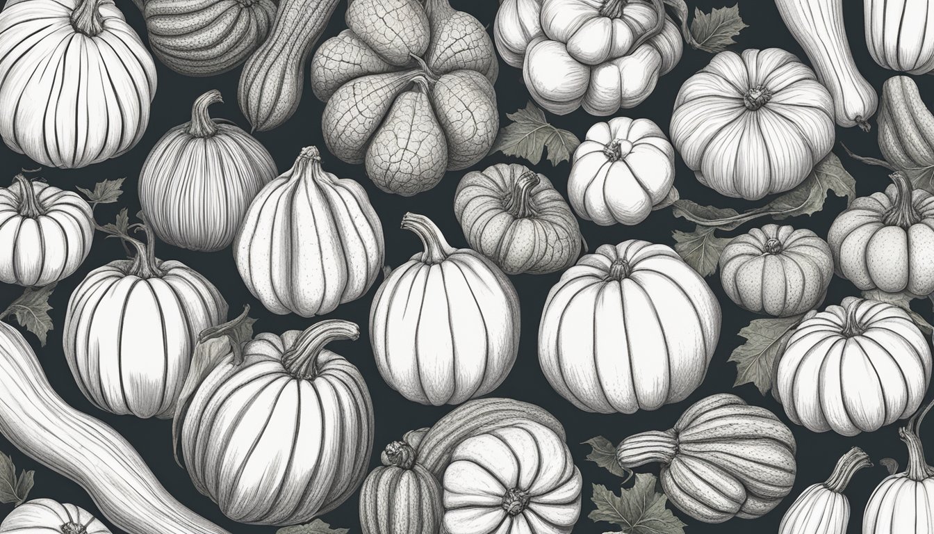 A variety of winter squash arranged on a wooden table, including butternut, kabocha, and delicata squash