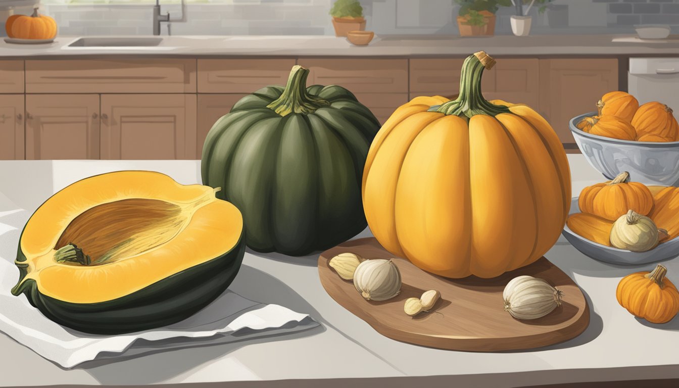 An acorn squash being swapped out for a butternut squash in a recipe, with the two squashes side by side for comparison