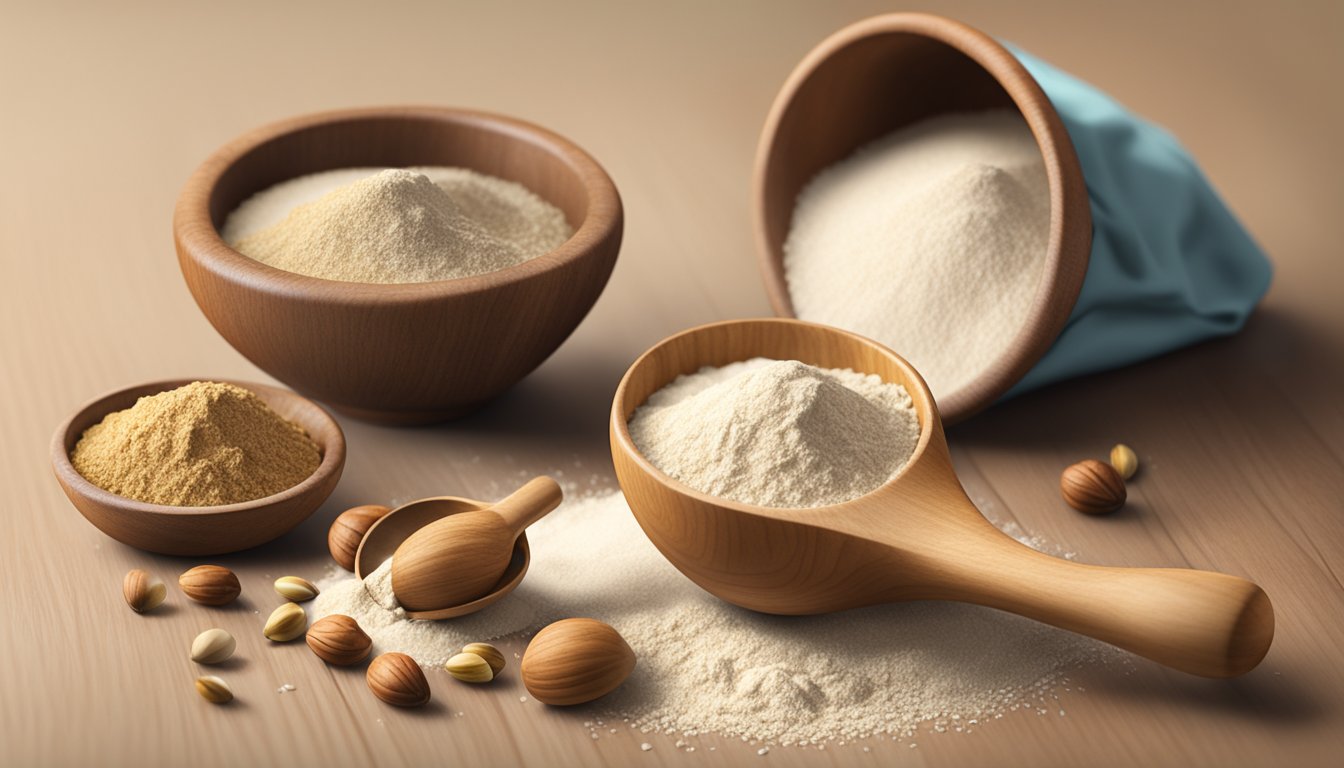 A wooden spoon scoops acorn flour into a measuring cup, while a bag of alternative flours sits nearby