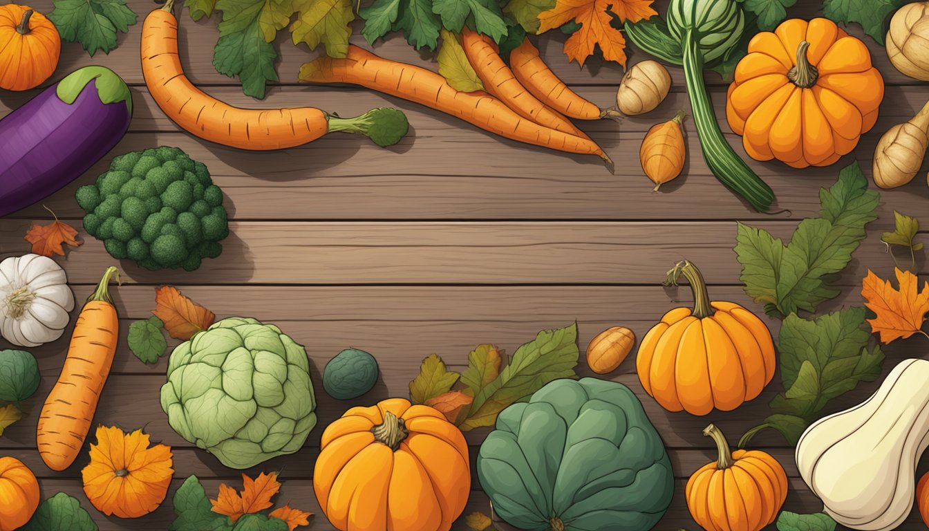 A variety of winter vegetables displayed on a wooden table, including butternut squash, sweet potatoes, and pumpkins. Brightly colored leaves scattered around the base