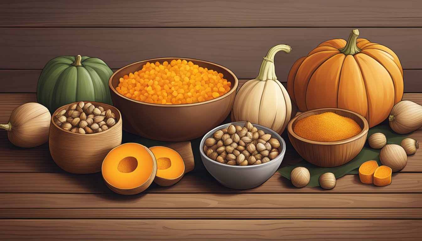 A variety of acorn substitutes, such as butternut squash, sweet potatoes, and pumpkin, arranged on a wooden table