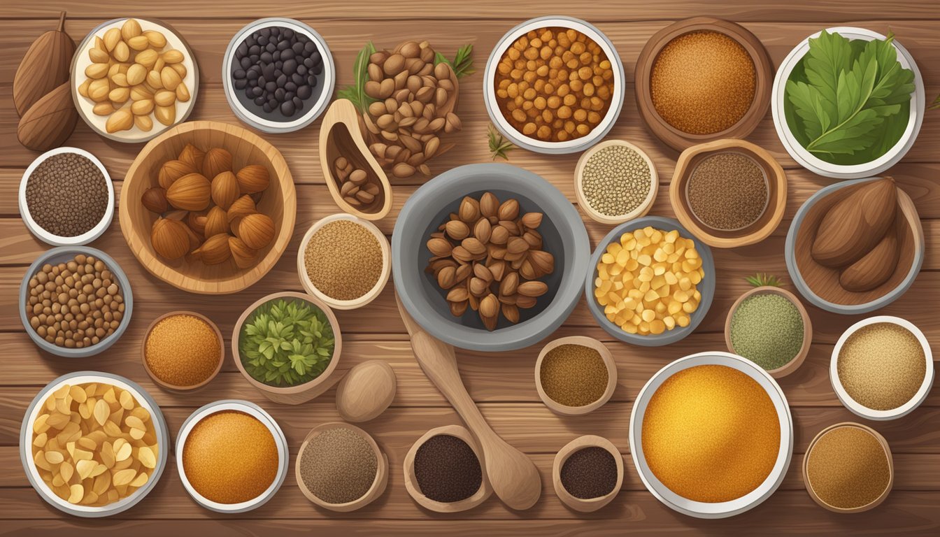 A variety of acorn substitutes surrounded by flavor pairings and seasonings on a wooden table