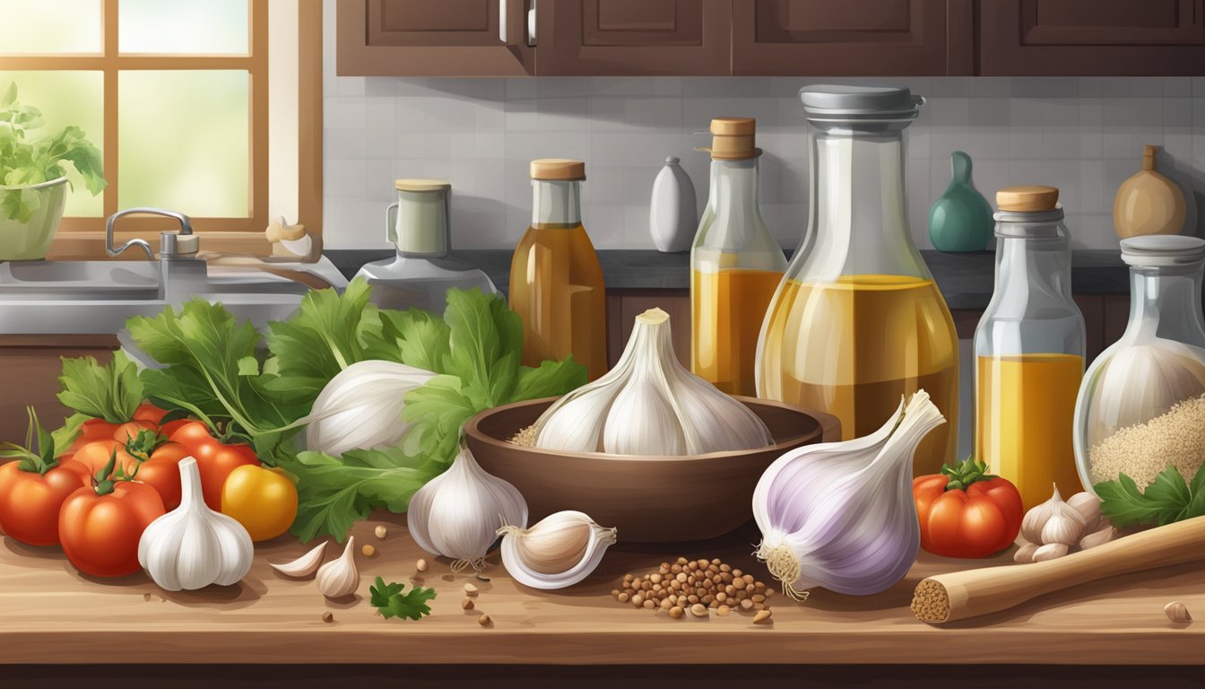 A variety of ingredients like garlic, vinegar, and spices arranged on a kitchen counter