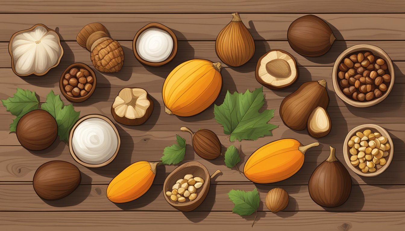 A variety of acorn substitutes displayed on a wooden table with ingredients such as chestnuts, hazelnuts, and butternut squash