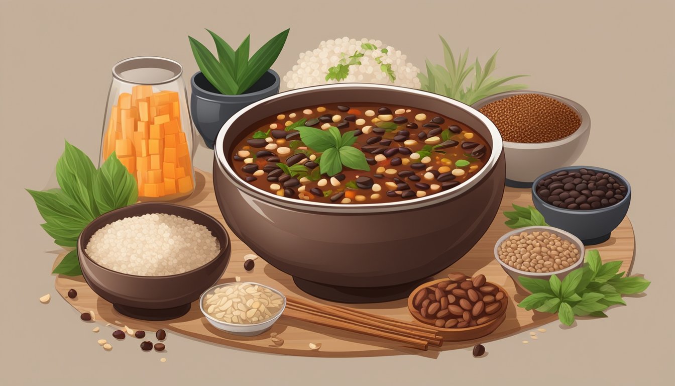 A steaming bowl of adzuki bean soup surrounded by assorted Asian spices and ingredients on a wooden table