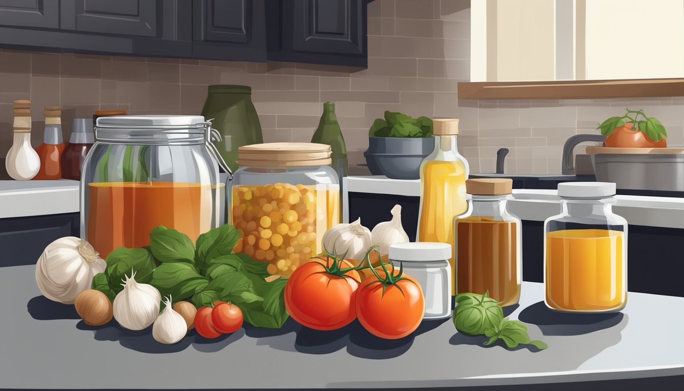 A variety of ingredients such as tomatoes, garlic, vinegar, and spices are arranged on a kitchen counter, ready to be used as substitutes for adobo sauce