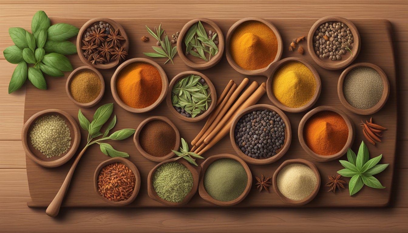 A colorful array of spices and herbs from around the world, including cumin, paprika, and oregano, arranged on a wooden cutting board