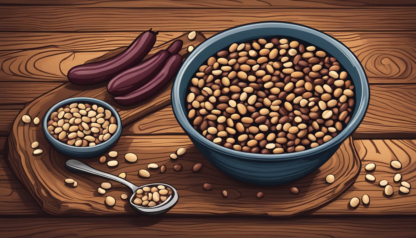 A bowl of red kidney beans, lentils, and black-eyed peas on a rustic wooden table