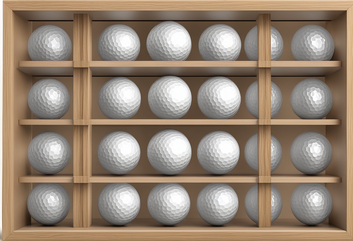 A wooden golf ball display case with glass panels and individual slots for each ball