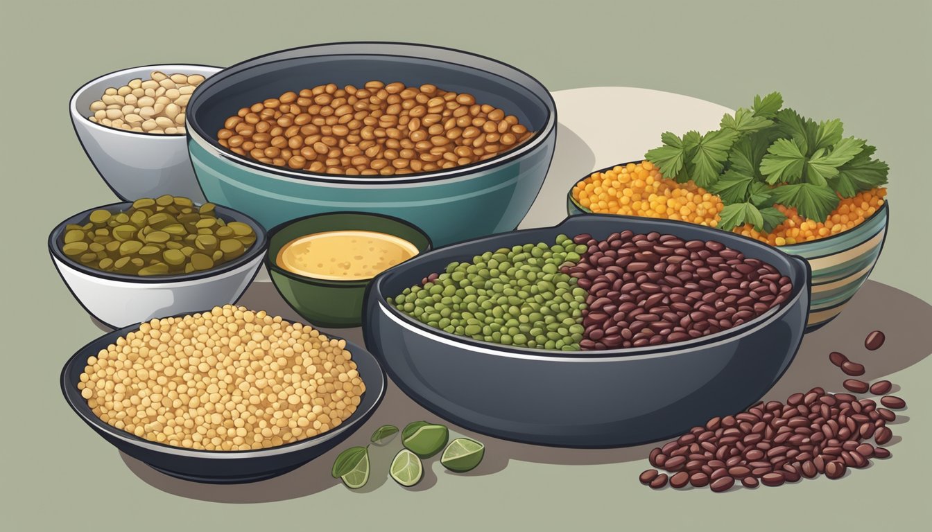 A bowl of adzuki beans next to a variety of savory dishes like tacos, stir-fry, and soup, showcasing their versatility as a substitute ingredient