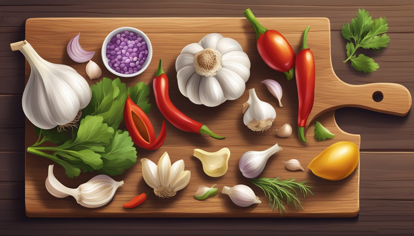 A variety of ingredients such as garlic, vinegar, and paprika arranged on a wooden cutting board