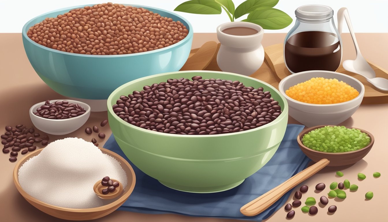 A bowl of adzuki beans being used as a substitute in a sweet dessert recipe, surrounded by ingredients like sugar, flour, and vanilla extract