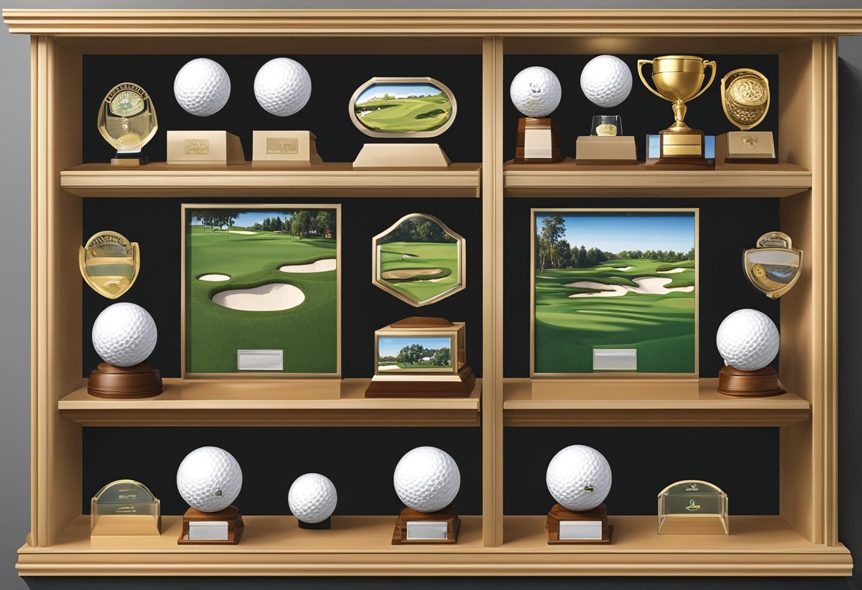 A golf ball display case sits on a wooden shelf, surrounded by trophies and framed photos of golf courses. The case is made of clear acrylic and holds several golf balls of different brands and designs