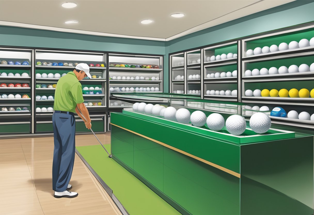 A golf ball display case being carefully chosen and examined in a well-lit store setting