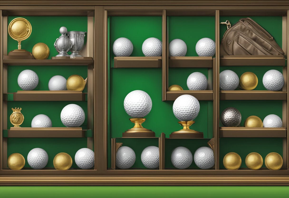 A golf ball display case filled with various golf balls, trophies, and medals, set against a backdrop of a lush green golf course