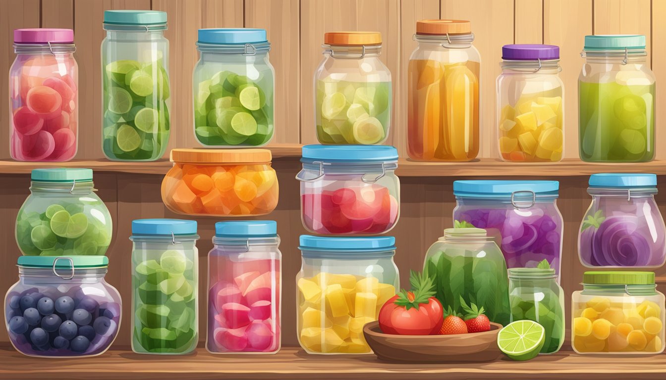 A variety of agar agar substitutes arranged in colorful jars and pouches, surrounded by fresh fruits and vegetables on a wooden tabletop