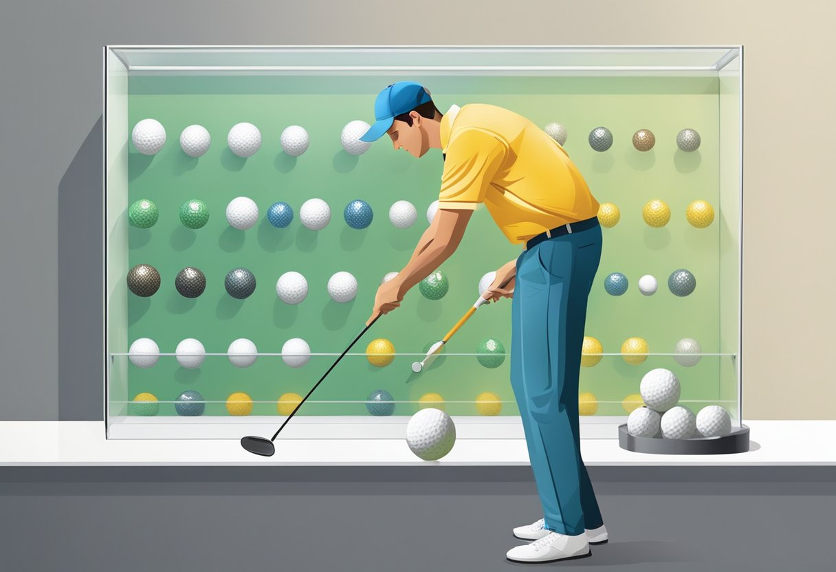 A golfer mounts a clear acrylic display case on the wall, carefully arranging golf balls inside. A screwdriver and level sit nearby