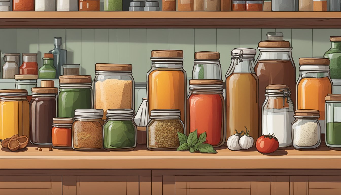 Various ingredients such as tomatoes, vinegar, and spices arranged on a kitchen counter. Jars and bottles of adobo sauce substitutes are neatly lined up for storage