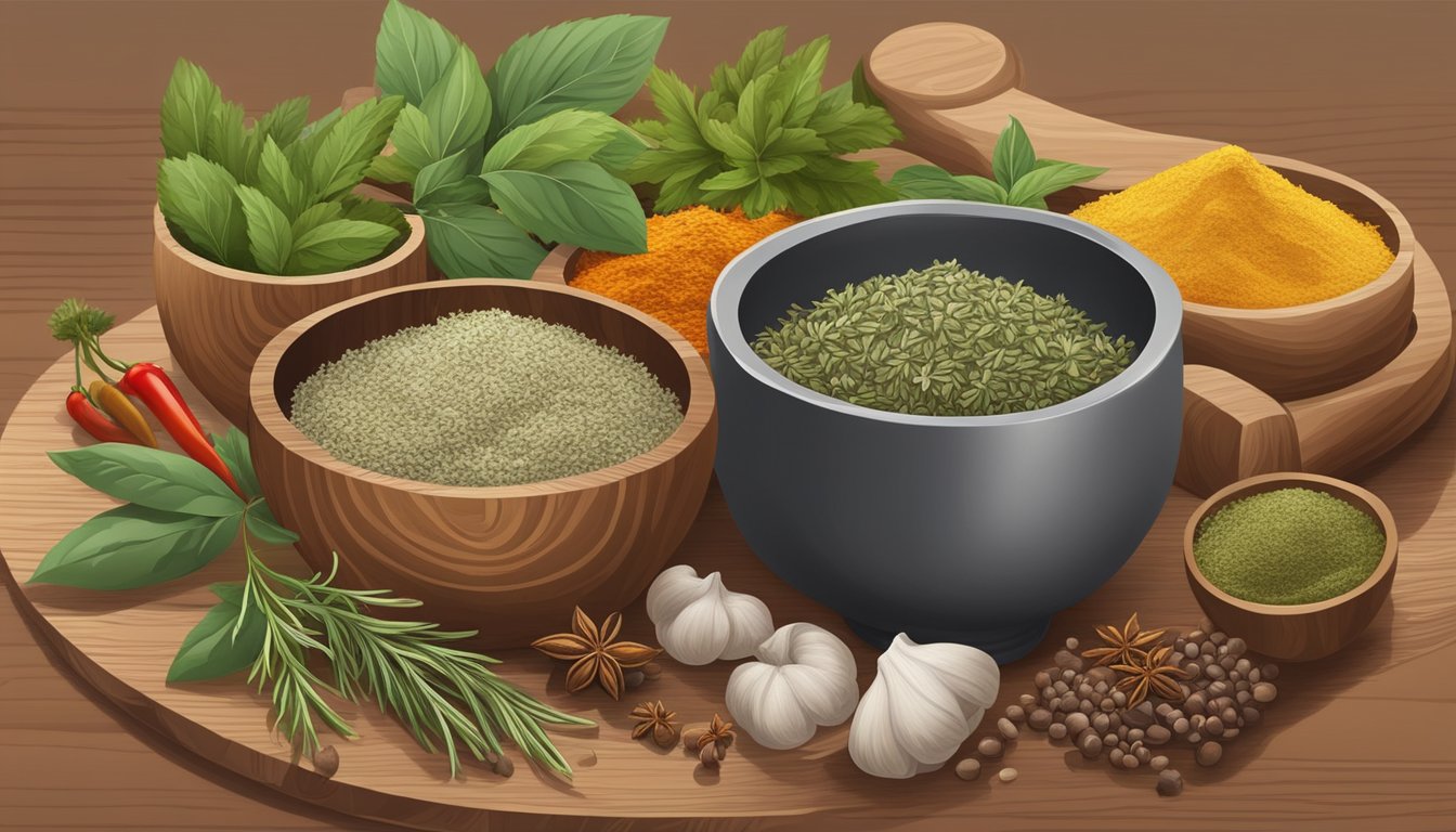 A variety of fresh and dried herbs and spices arranged on a wooden cutting board, with a mortar and pestle nearby for grinding