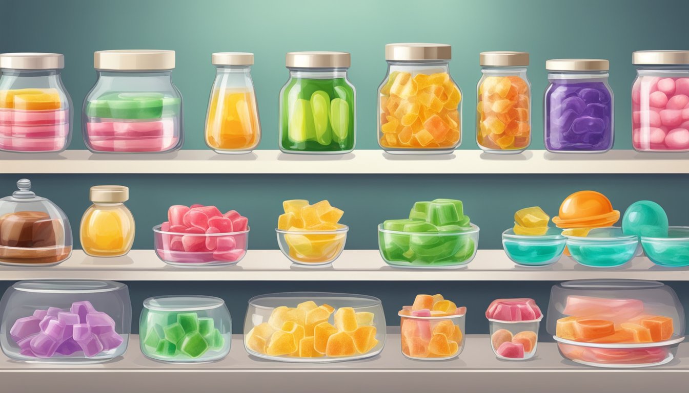 A variety of commercial products containing agar agar substitutes, such as desserts, jellies, and vegan gummy candies, displayed on a shelf