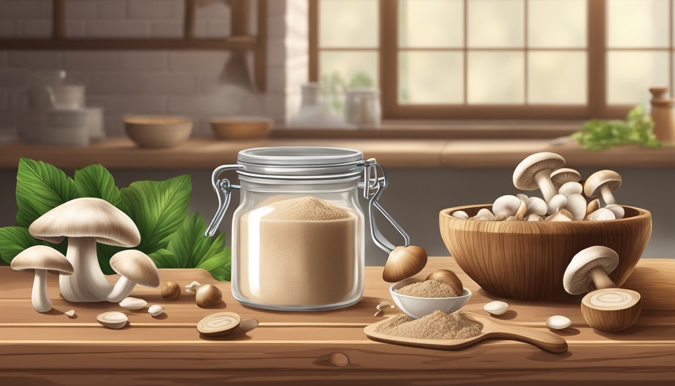 A pile of agaricus mushroom powder spills from a glass jar onto a wooden cutting board, surrounded by fresh mushrooms and a mortar and pestle