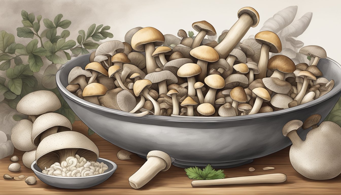 A bowl of mixed mushrooms with a mortar and pestle next to it