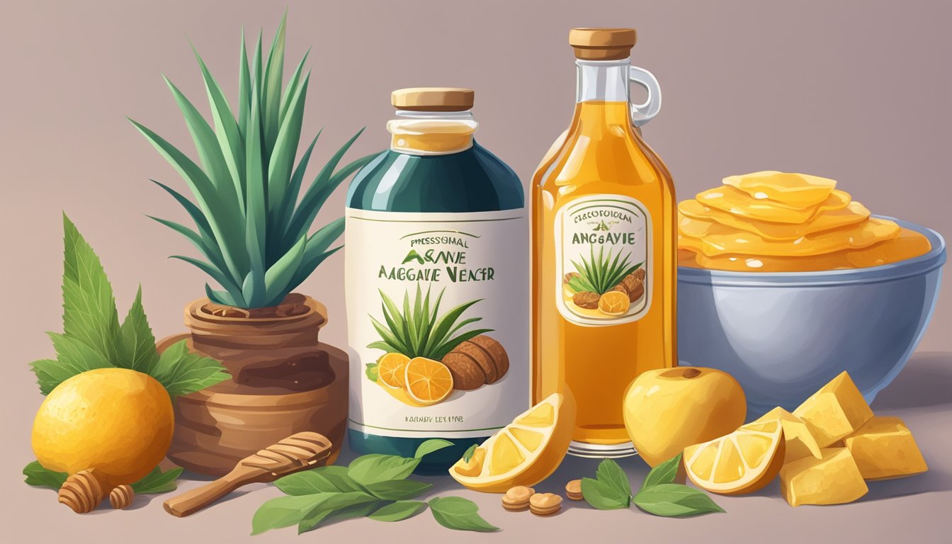 A jar of agave nectar sits next to a bowl of honey, a bottle of maple syrup, and a pile of stevia leaves, all surrounded by various fruits and baked goods