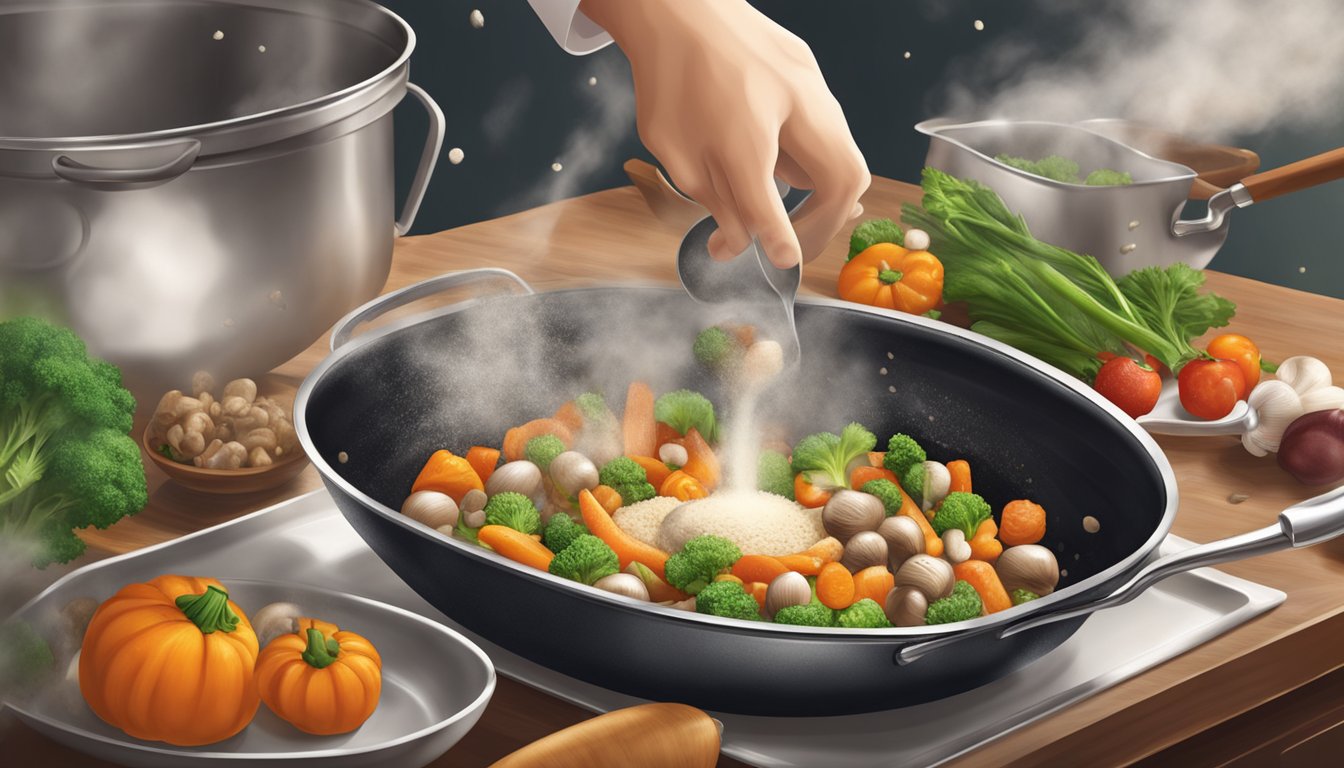 A chef sprinkles agaricus mushroom powder onto a sizzling pan of vegetables, adding depth and umami flavor to the dish