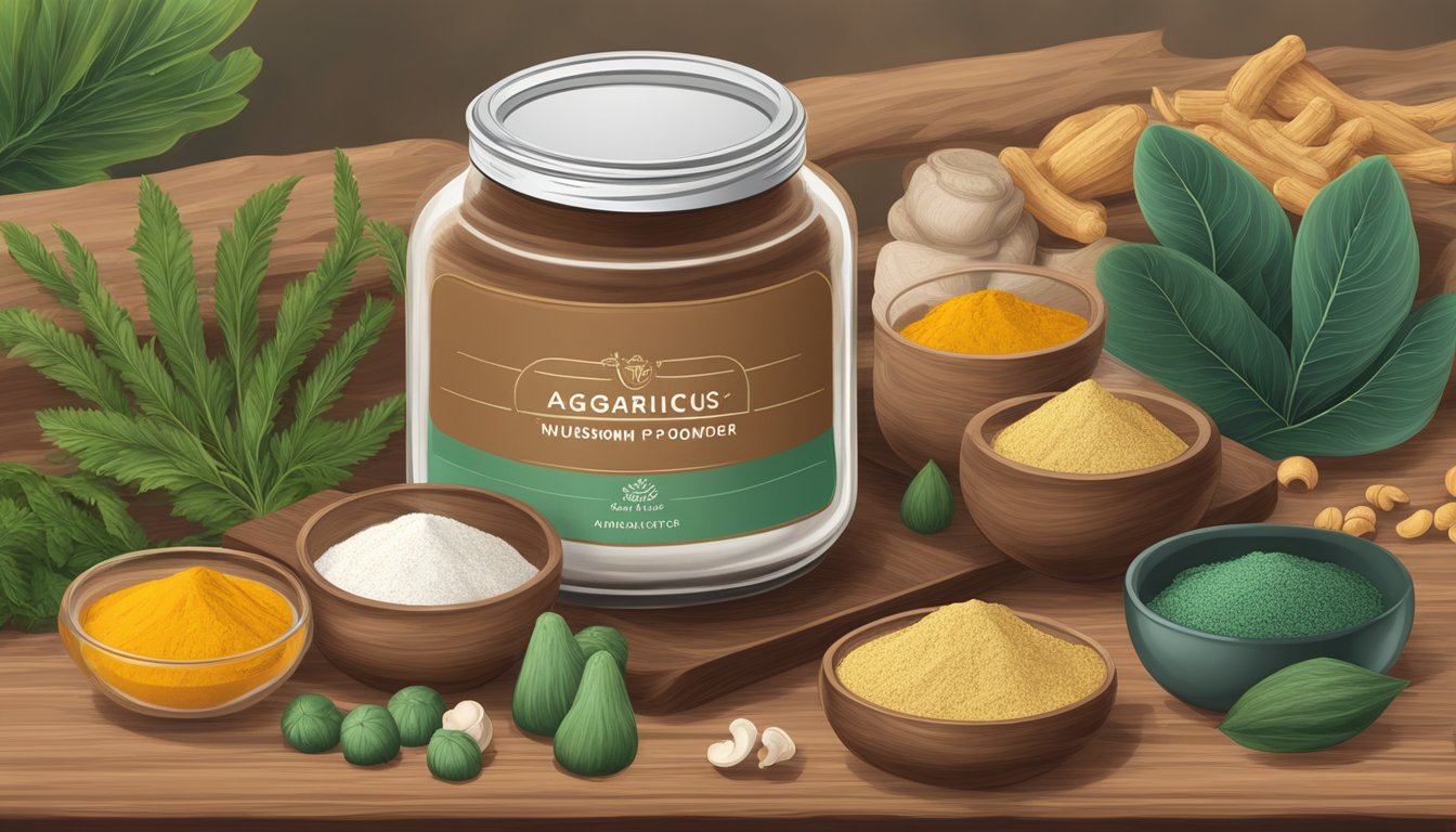 A jar of agaricus mushroom powder surrounded by various alternative ingredients like cacao powder, turmeric, and spirulina on a wooden tabletop