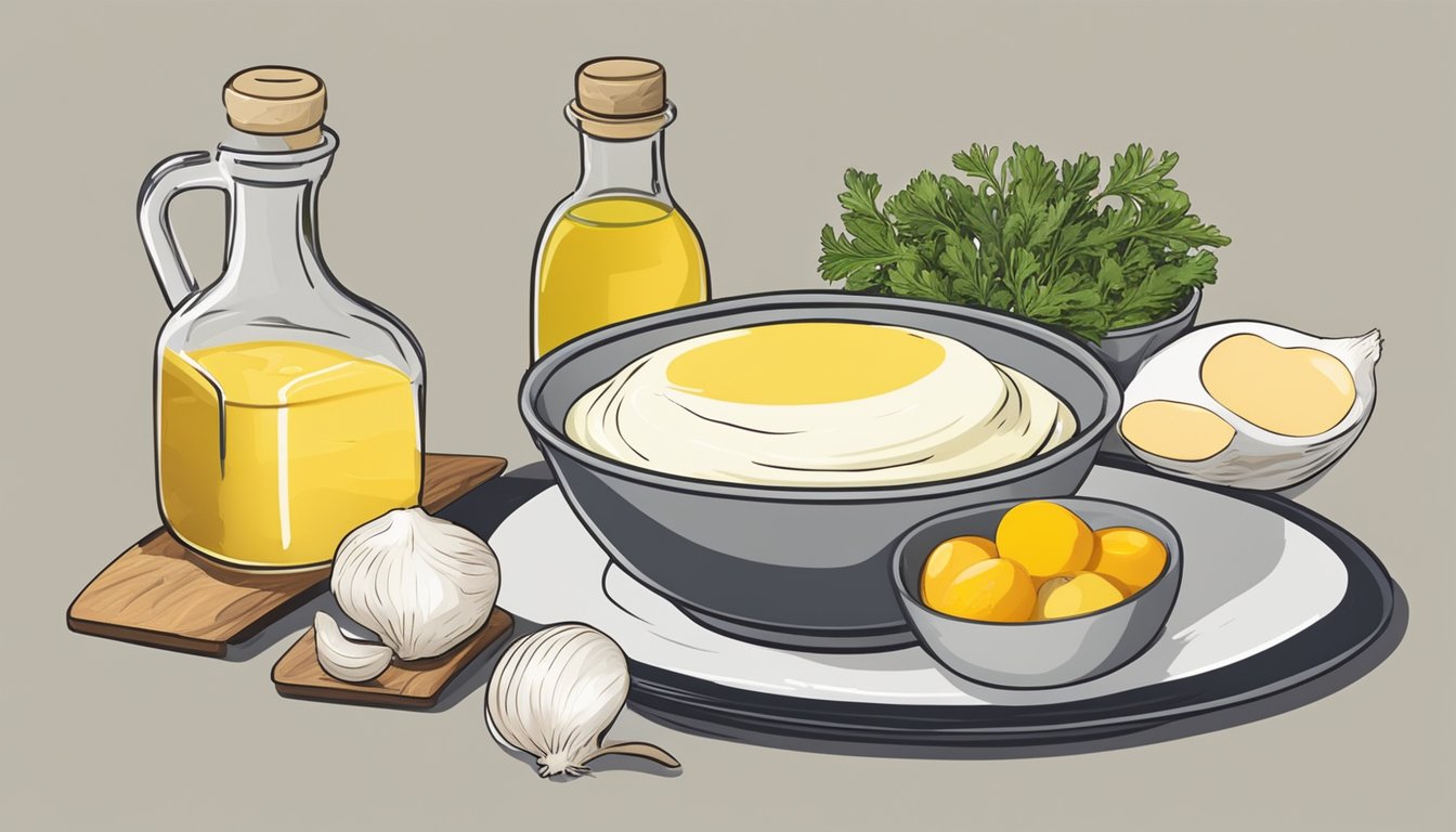 A bowl of aioli sits next to a variety of ingredients, such as garlic, olive oil, and egg yolks. A mortar and pestle are used to mix the ingredients together