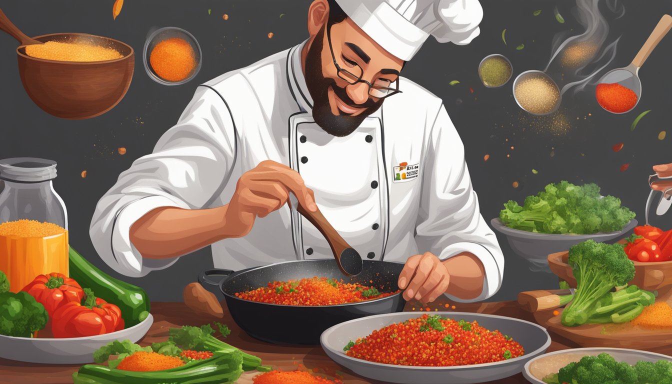 A chef sprinkles Aleppo pepper onto a sizzling skillet of vegetables, adding a rich red color and a mild heat to the dish