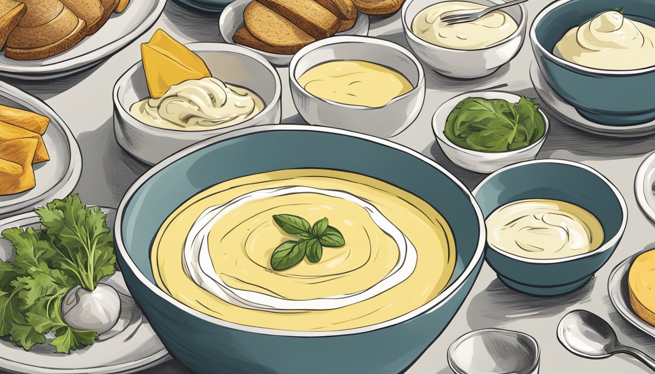 A bowl of aioli sits next to various dishes, each with a different substitute option nearby