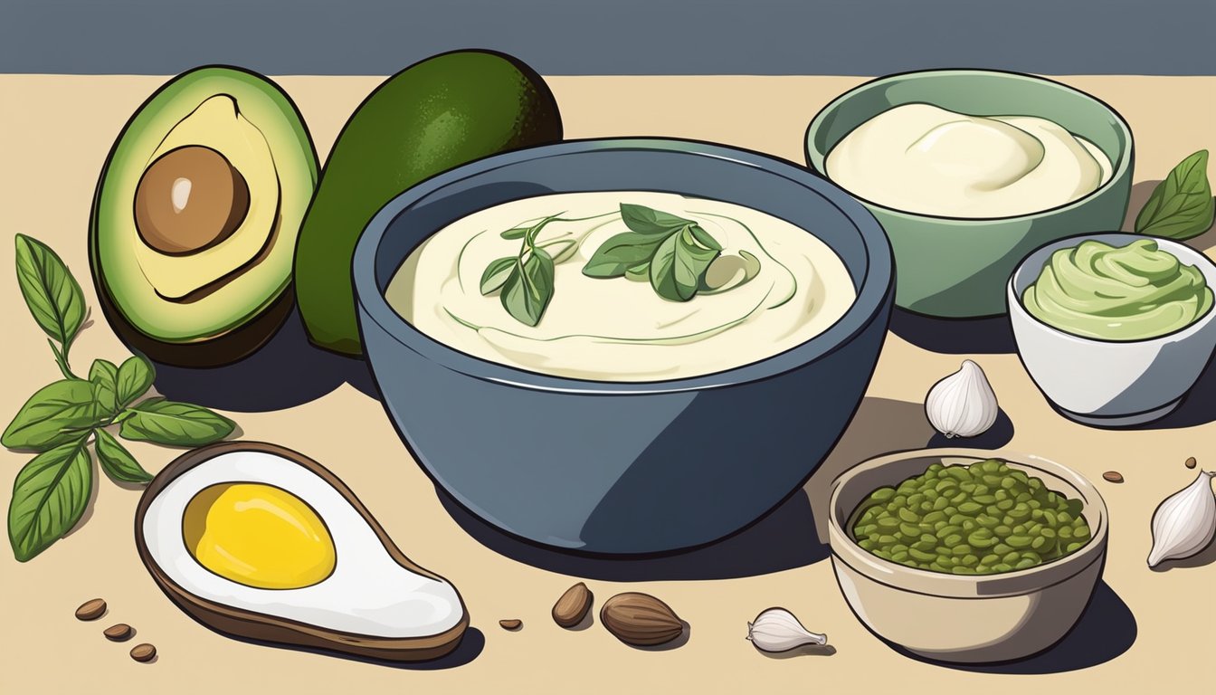 A spread of various ingredients like avocado, Greek yogurt, and garlic cloves arranged next to a bowl of traditional aioli