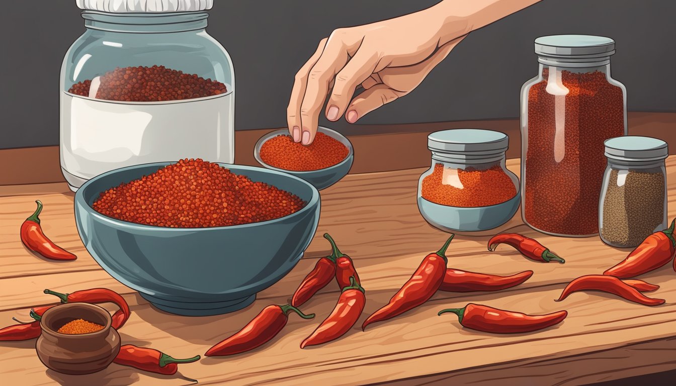 A hand reaching for a jar of crushed red pepper flakes next to a bowl of dried chili peppers and a bottle of paprika on a wooden kitchen counter