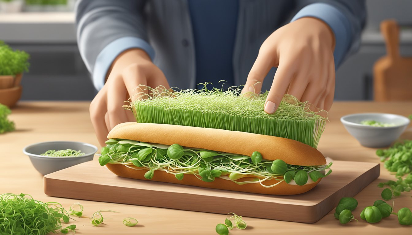 Fresh alfalfa sprouts being placed on a sandwich, with a bowl of various sprouts in the background