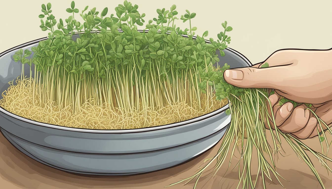 A hand reaching for alfalfa sprouts, with other options nearby