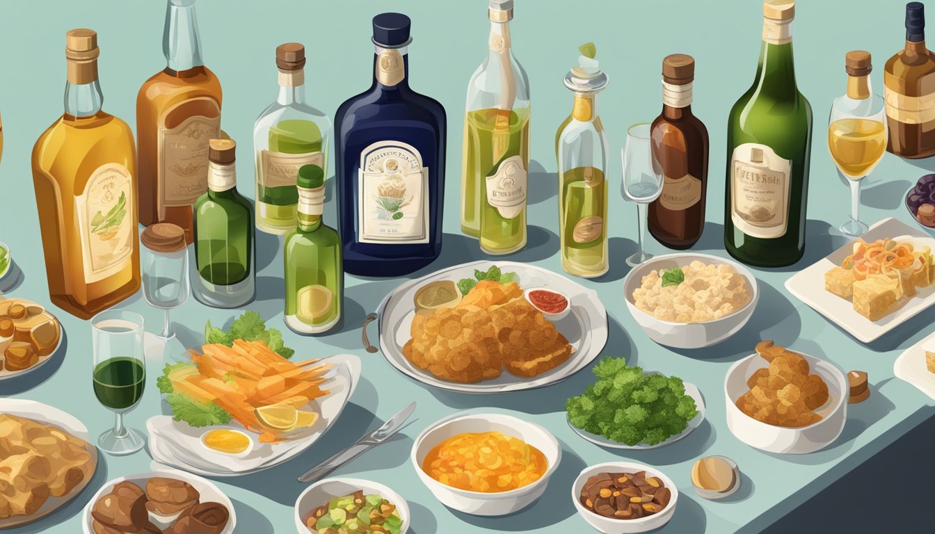 A table with various bottles of alcohol substitutes, surrounded by tasting glasses and small dishes of food for flavor comparison