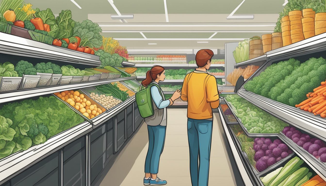 A person at a grocery store, examining various leafy greens and vegetables, with a focus on selecting potential substitutes for alfalfa sprouts