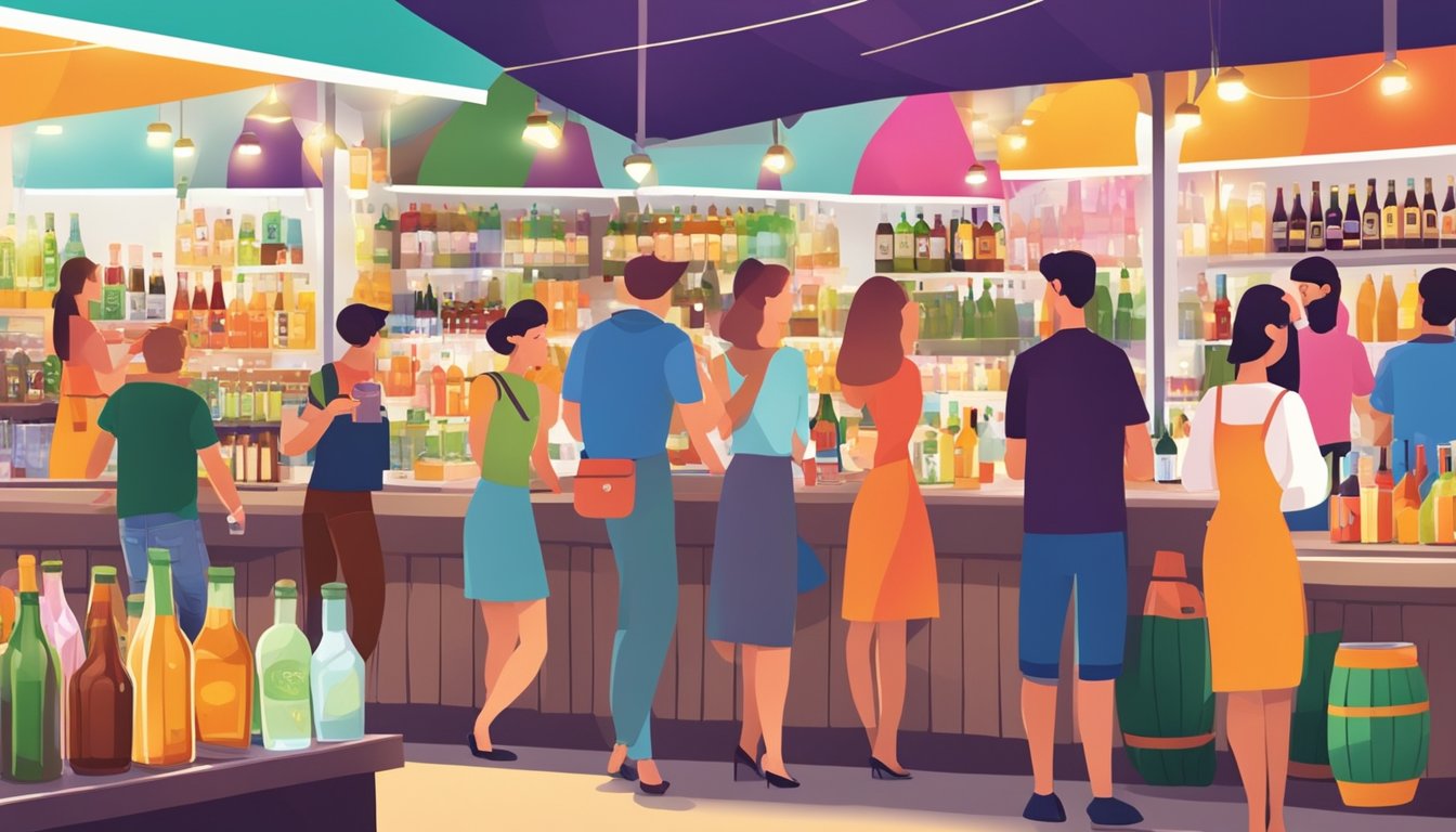 A vibrant market scene with shelves of non-alcoholic beverages, people socializing and enjoying alcohol-free drinks in a lively atmosphere